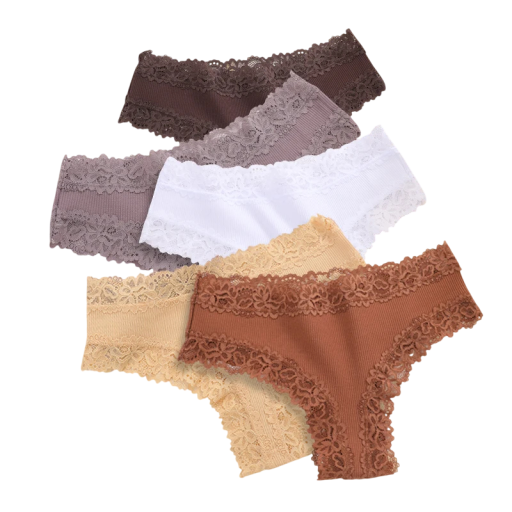 Set of 5 Women's Ribbed Brazilian Knickers with Decorative Lace Breathable Underwear in Neutral Colours
