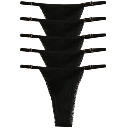 Set of 5 Women's Ribbed Thongs with Lace Trim and Adjustable Straps in Black