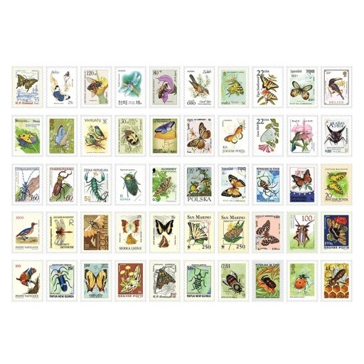 Set of 50 Insect-Themed Stamp-Shaped Stickers 30x40 mm for Decorations and Creative Projects