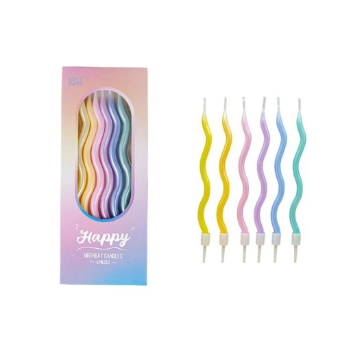 Set of 6 Wavy Birthday Candles Pastel Colours Cake Decoration Cheerful Design Birthday Celebration Original Shape