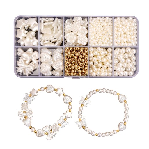 Set of 800 Beads White and Gold Beads Various Shapes and Sizes Lightweight Plastic Hypoallergenic Beads for Making Bracelets Necklaces and Earrings