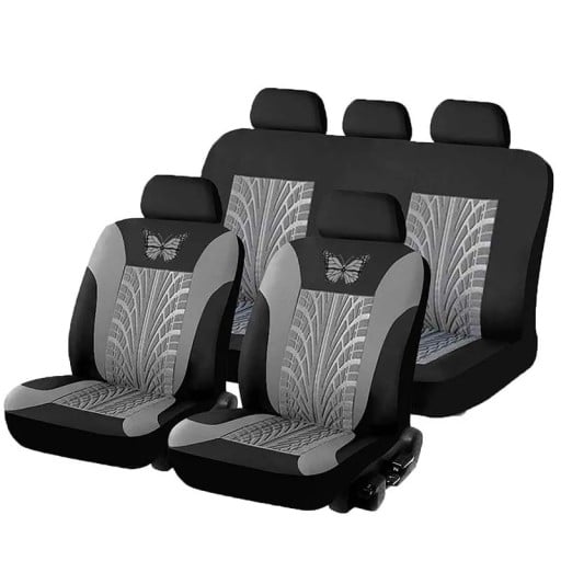 Set of Car Seat Covers for 5 Seats Tire Print Design with Butterfly Protective Seat Covers Polyester Stylish Pattern Easy Maintenance