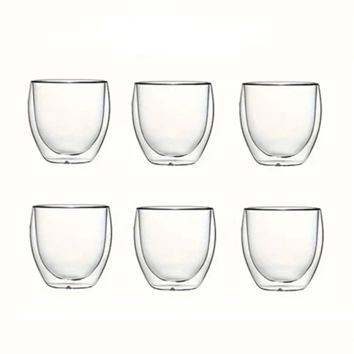 Set of Glass Cups with Double Wall 80 ml 6 pcs Heat Resistant Transparent Espresso Glasses Without Handle Elegant Coffee Mugs