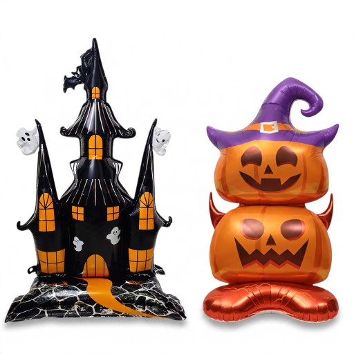 Set of Inflatable Balloons 2 pcs Haunted House 150 x 106 cm and Pumpkin 150 x 70 cm Foil Balloons Black and Orange Halloween Decoration