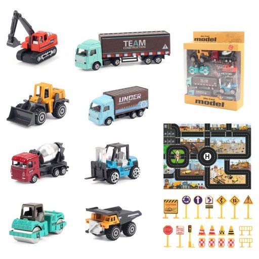 Set of Metal Lorries with Base and Traffic Signs Toy for Children and Collectors