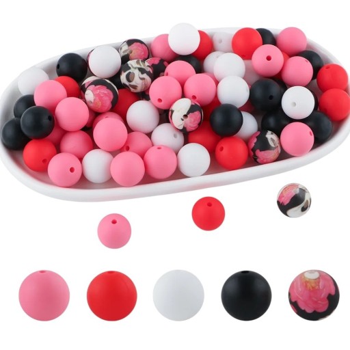 Set of Round Silicone Beads 15 x 15 mm 20 pcs in Five Colours of 4 Pieces Each for Making Bracelets, Necklaces, Pendants and Decorations