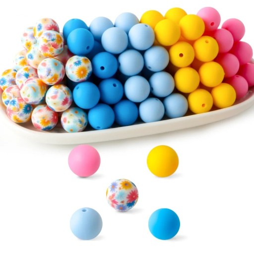 Set of Silicone Beads 15 x 15 mm Round Beads 20 pcs in Pink Yellow and Blue 5 Colours with 4 Pieces Each Material for Making Bracelets Necklaces Charms and Decorations