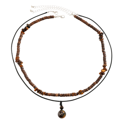 Set of Women's Necklaces with Wooden Beads and Round Pendant Length 45+7 cm Natural Material Brown Jewellery Set for Layering