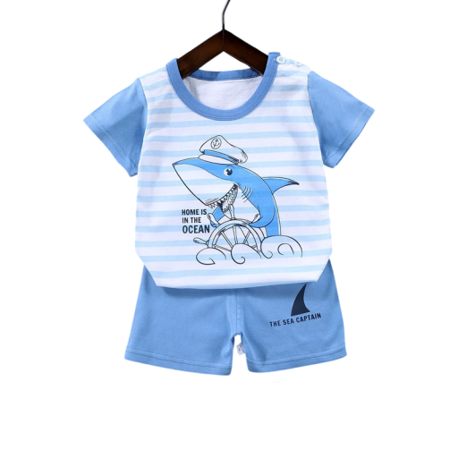 Set pentru copii albastru cu imprimeu de rechin, tricou cu mânecă scurtă și pantaloni scurți cu elastic, Unisex, costum de vară din bumbac