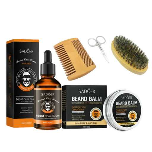 Set per la crescita della barba 5 in 1 per uomini Olio essenziale Cera idratante Pettine e spazzola in bambù Forbici per lo styling Cura del baffo e della barba