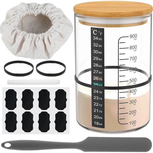 Set per la preparazione del lievito madre con barattolo da 900 ml 15 x 10 cm, spatola, copertura in tessuto, coperchio, elastici, nastro termico
