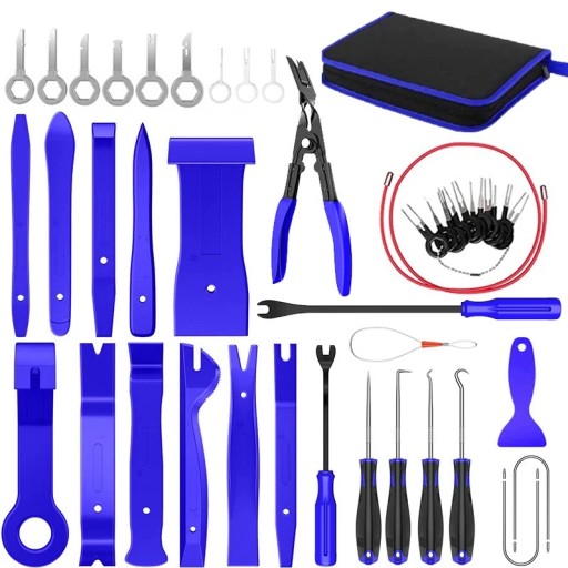 Set profesional de scule cu 43 de piese pentru demontarea interiorului mașinii. Scule pentru bord și panou. Range și clește ergonomice într-o cutie cu fermoar.