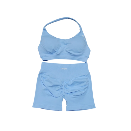 Set sportiv din două piese pentru femei: sutien sportiv și pantaloni scurți fără cusături cu detaliu plisat la spate, set elastic pentru fitness și exerciții