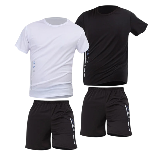 Set sportiv pentru bărbați 2x tricou și 2x pantaloni scurți Complet cu mânecă scurtă și talie elastică Poliester Îmbrăcăminte sportivă