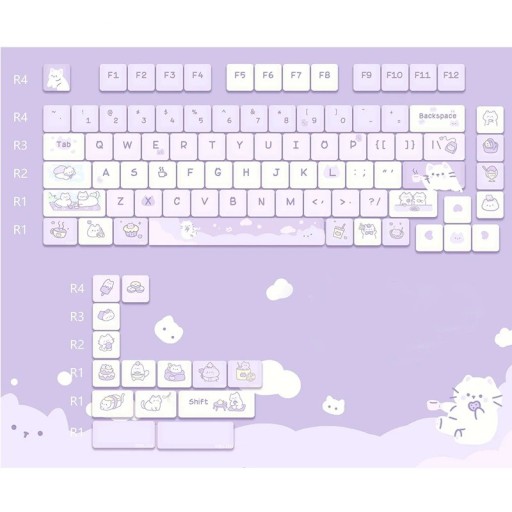 Set toetsenbedekkingen cartoonmotief 95 stuks PBT MOA profiel paars wit keycaps voor mechanisch toetsenbord gaming en kantoor