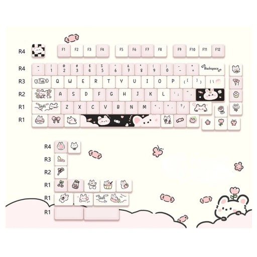 Set toetsenbordcaps cartoonmotief 95 stuks PBT MOA profiel roze wit keycaps voor mechanisch toetsenbord gaming