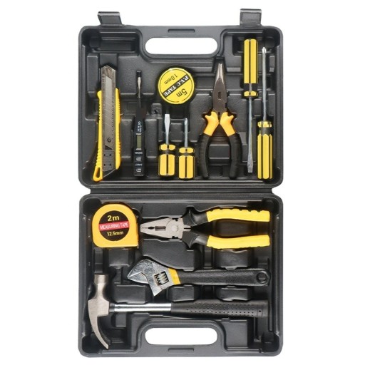 Set universal de scule manuale 13 bucăți în cutie de plastic Șurubelnițe Clește Ciocan Cuțit Ruletă Cheie reglabilă Reparații casnice Echipament