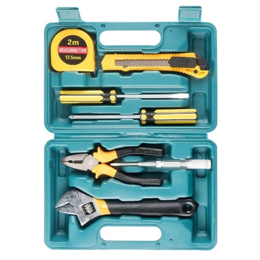 Set universal de scule manuale 8 piese cu carcasă din plastic, clește, șurubelnițe, cuțit, ruletă, cheie, reparații la domiciliu, set practic de scule