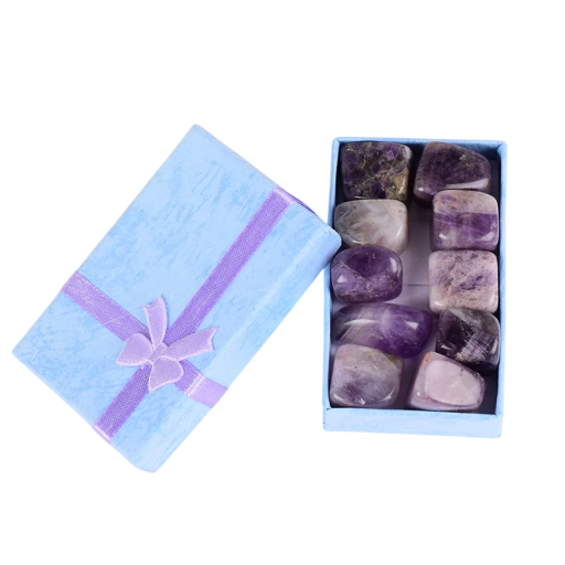 Set van 10 natuurlijke trommelstenen Amethist 8–13 g Edelstenen in een geschenkdoos Decoratieve mineralen Ontspanning Genezing