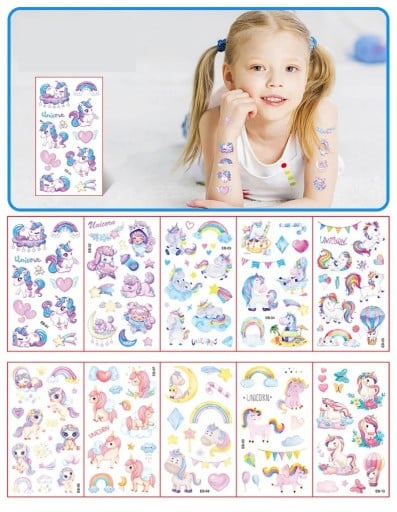 Set van 10 vellen tijdelijke tatoeages 12 x 7 cm met eenhoorns, regenbogen, bloemen en hartjes voor op het lichaam