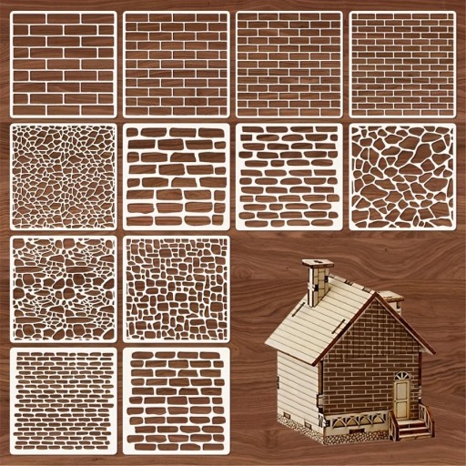 Set van 12 plastic sjablonen met baksteenpatronen 15x15 cm herbruikbare sjablonen voor het schilderen van muren, meubels en decoraties