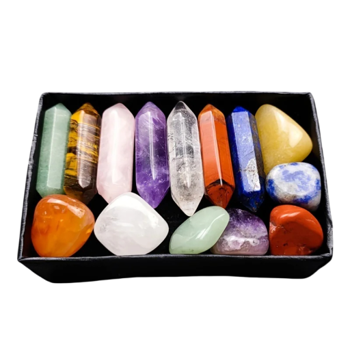 Set van 14 natuurlijke hexagonale kristallen, lapis lazuli, amethist, rozenkwarts, aventurijn, tijgeroog, decoratie, meditatie, leerchakra, stenen