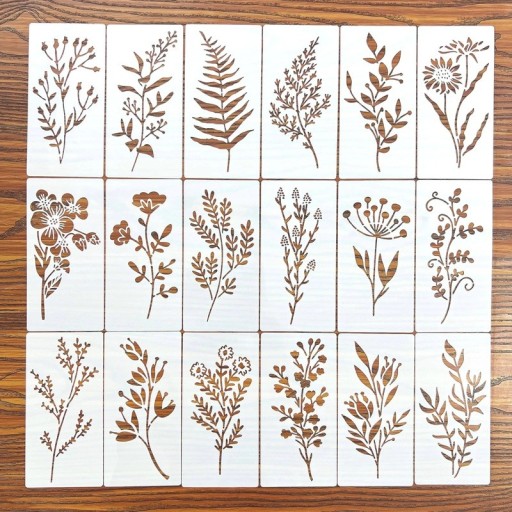Set van 18 stuks plastic sjablonen van planten 15 x 7,5 cm herbruikbare sjablonen bladeren en bloemen voor het schilderen van decoraties en DIY creaties