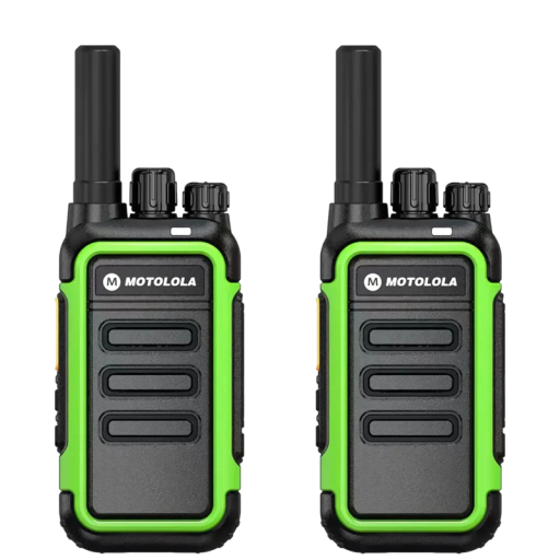 Set van 2 mini zenders Motolola F1 met een bereik van 1–15 km, een batterijduur van 20 uur, analoge kanalen, opladen en hoofdtelefoons voor outdoor en werk