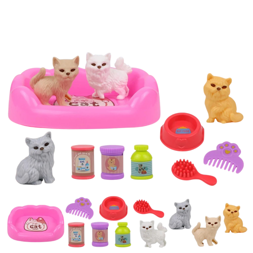 Set van 22 plastic speelgoedjes voor kinderen 2,5 tot 3,5 cm Kattenbed figuren van katten accessoires voor huisdieren voerbak borstel kam flesjes