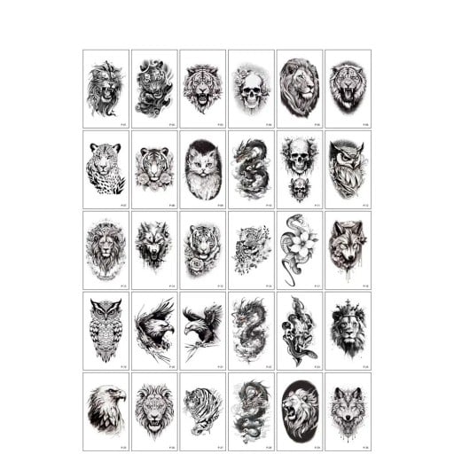 Set van 30 tijdelijke tatoeages 5,7 x 9,7 cm realistische motieven van dieren en schedels gedetailleerde tekeningen voor het lichaam voor vrouwen