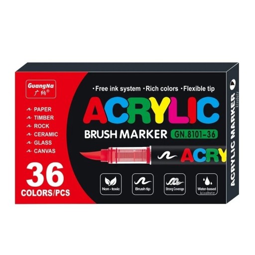 Set van 36 gekleurde acrylmarkers, waterbestendige schilderstiften met penseelpunt voor tekenen op papier, glas, plastic, hout, metaal, steen, creatieve projecten