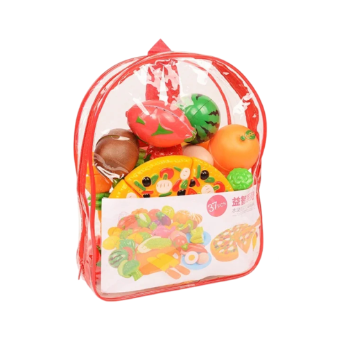 Set van 37 keukenspeelgoed voor kinderen met fruit, groenten, andere voedingsmiddelen, 6 plakjes pizza, boodschappentas 23 x 8 x 29 cm, 2 messen, een dubbelzijdige snijplank en 2 borden