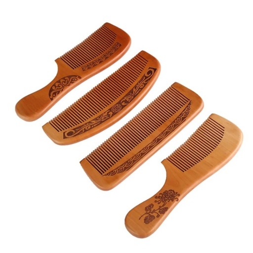Set van 4 houten antistatische kammen van perzik en sandelhout. Massagekammen voor natuurlijk haar. Verzorging en styling.