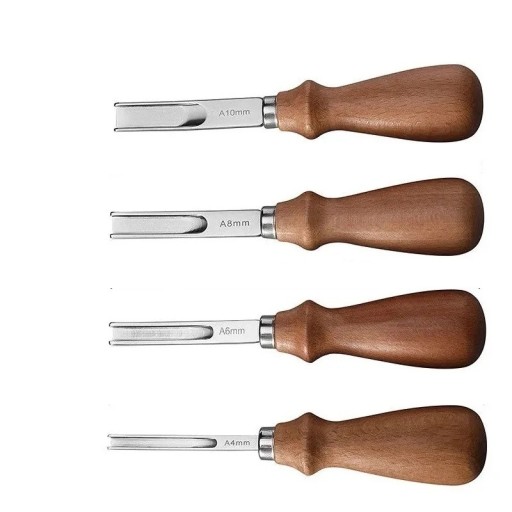 Set van 4 ledergereedschappen A4–A10 mm Beitelpriemen met houten handvat 15,5 cm Voor het maken van groeven, versieringen en naden in leder