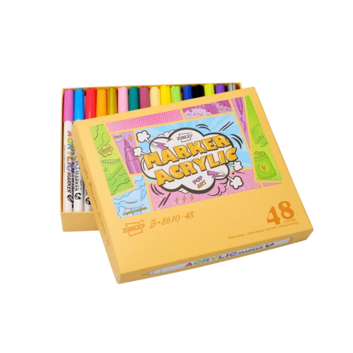Set van 48 acrylstiften en penselen voor textiel, glas, keramiek, stenen en canvas. Kunstbenodigdheden voor doe-het-zelfdecoratie, het maken van kaarten en creatieve creaties.