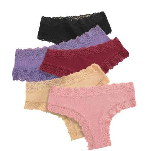Set van 5 dames brazilianen met ribstructuur en decoratieve kant ademend ondergoed mix kleuren