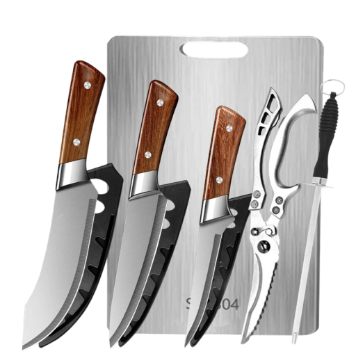 Set van 6 Japanse slagersmessen met hoes, vleesmes, keukenschaar, snijplank, slijpstaaf, uitbeenmes, vleesgereedschapset