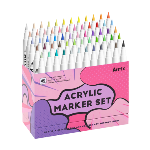 Set van 60 acrylmarkers met penseelpunt, schildermarkers voor stenen, hout en canvas, onuitwisbare verf voor creatief handwerk