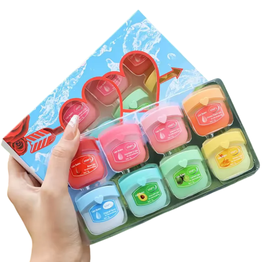 Set van 8 stuks hydraterende lippenbalsem 7 g Natuurlijke verzorging voor droge, gebarsten lippen Voeding Bescherming Regeneratie Cosmetica Cadeauset