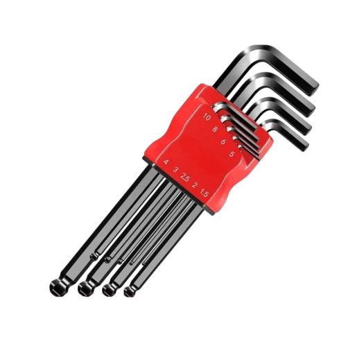 Set van 9 stuks inbussleutels 1,5–10 mm CR-V staal Kogelkop 25° Gereedschaphouder voor auto- en werkplaatsservice