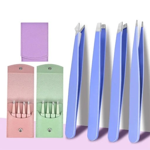 Set van cosmetische pincetten 4 stuks Schuin en puntige punten Lengte 9,5 cm Roestvrij staal Etui 10,2 x 7,3 cm Voor wenkbrauwen en individuele haartjes