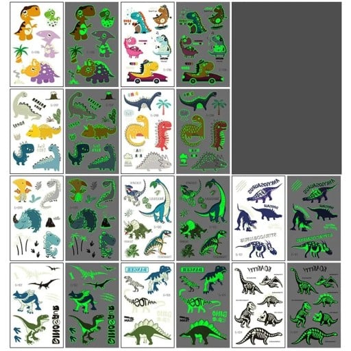 Set van gloeiende tijdelijke tatoeages met dinosaurussen kleurrijke kindertatoeages stickers voor het lichaam met een glow-in-the-dark effect