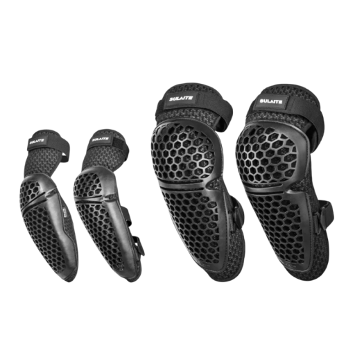 Set van kniebeschermers en elleboogbeschermers geperforeerd 36 x 11 cm en 38 x 14 cm met banden sportieve bescherming voor motocross en downhill rijden