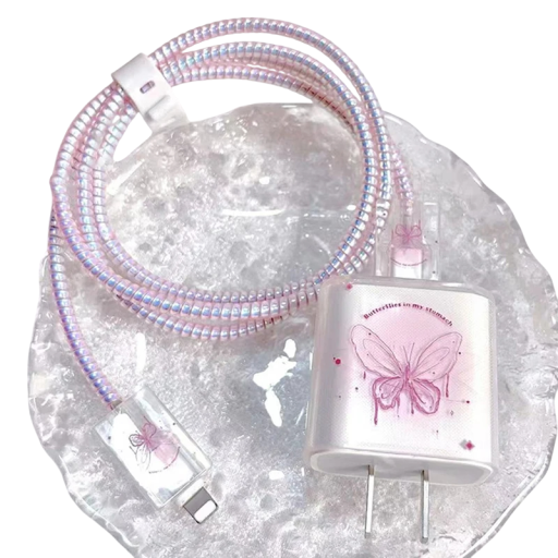 Set van siliconen accessoires voor iPhone oplader 5-in-1 Roze Vlinder Beschermhoes Oplaadkabel Kabeloproller Stijlvol ontwerp