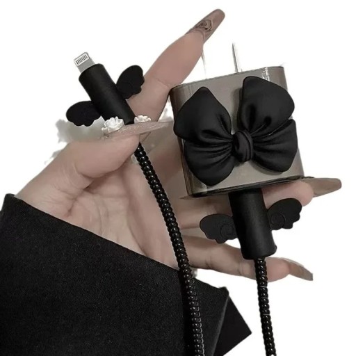 Set van siliconen accessoires voor iPhone oplader 5-in-1 Zwarte strik Kabelbescherming Oplaadhoesje Flexibel koord Strikband