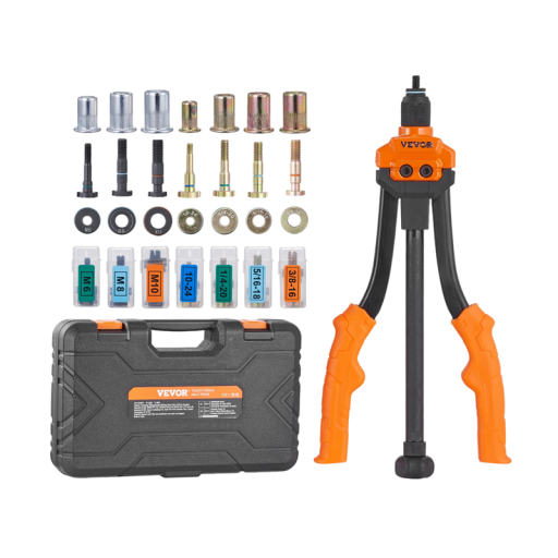 Set von Nietmuttern mit Hebelpressen 40 cm 70 Stück Stahl schwarz-orange mit wechselbaren Einsätzen zur Montage von Gewindebuchsen