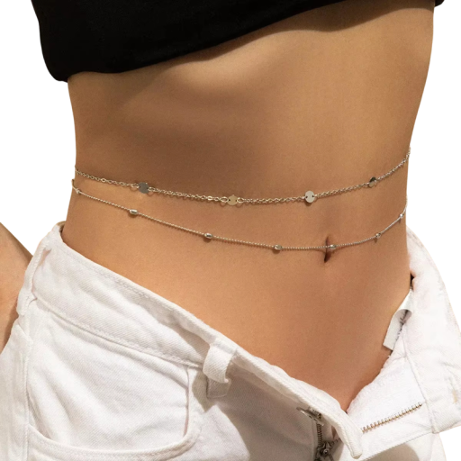 Sexy collana addominale a due strati per la vita 70 + 25 cm Gioiello per il corpo da donna Accessorio da festival in finitura argentata