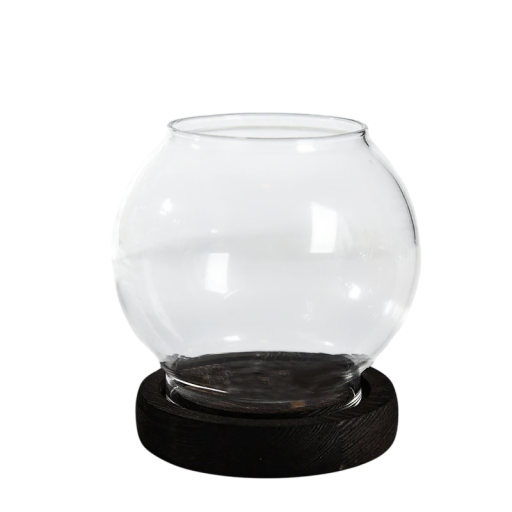 Sfeșnic rotund din sticlă 10 × 9,5 × 4 cm, sfeșnic retro rotund cu bază din lemn, capac transparent rezistent la vânt, decorare masă, accesoriu