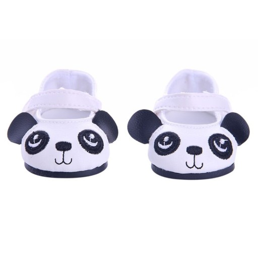 Shoes for dolls up to 43 cm with a panda design Embroidered face and black ears on the toe Strap across the instep White colour and black sole