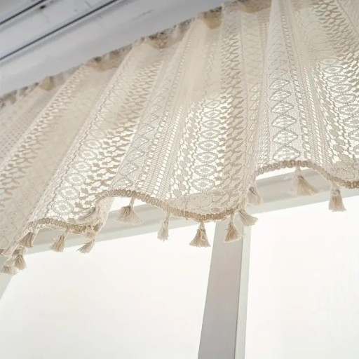 Short Curtain with Fringes 150x60 cm Polyester Beige with Lace Motif for Kitchen, Dining Room and Country House Windows